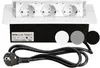 A white retractable power strip with three outlets and a black connection cable. Produktbild-Vorschau