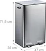 A silver dual-compartment kitchen trash can with dimensions indicated. Náhled obrázku produktu