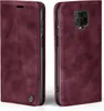A product shot of a burgundy flip phone case for a Xiaomi Redmi Note 9 Pro, shown from the front and back. Produktbild-Vorschau