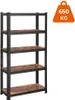 A black and brown five-tier shelving unit with a graphic overlay indicating a weight capacity. Náhled obrázku produktu