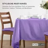 A dining table set with a purple tablecloth, chairs with purple cushions, and tableware. Náhled obrázku produktu