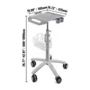 A medical cart with a tray, basket, and wheels, shown on a white background with dimensions indicated. Náhľad obrázku produktu