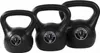 Three black kettlebells of different sizes are arranged in a row against a white background. Produktbild-Vorschau