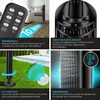 A collage of images showcasing a black tower fan and its features, including a remote control, LED display, and oscillation function, with accompanying German text. Produktbild-Vorschau