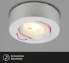 A white ceiling light fixture with a red adjustable mechanism is shown against a gray background. Below the fixture, there is a dark bar with text and an icon. Produktbild-Vorschau