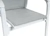 A close-up view of the seat and armrest of a white outdoor chair with a gray fabric seat. Produktbild-Vorschau