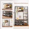 A collage of images showcasing a multi-functional entryway organizer with clothes, shoes, and accessories. The main image on the right shows the full product setup. Produktbild-Vorschau