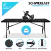 A black folding table with dumbbells on top, showcasing its load-bearing capacity. Several feature callouts are present at the bottom. Produktbild-Vorschau