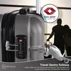 A close-up of a silver suitcase with a TSA lock, with a couple and an airplane in the background. Produktbild-Vorschau