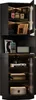 A black corner cabinet with glass doors, displaying various items on its shelves, including bottles, books, and a speaker. Produktbild-Vorschau