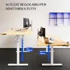 Two adjustable standing desks with monitors, headphones, and a laptop are shown in a modern office setting. Text overlays indicate adjustable height ranges. Anteprima dell’immagine prodotto