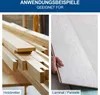 A collage of two images showing applications for a saw. The left image shows stacks of wooden boards, and the right image shows a hand installing laminate flooring. Produktbild-Vorschau
