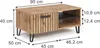 A diagram showing the dimensions of a wooden coffee table with black legs and a black shelf. Anteprima dell’immagine prodotto