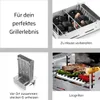 A collage of four images showing different stages of using a stackable grill. Produktbild-Vorschau