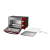 A red and silver toaster oven is shown with its door open, along with a baking tray, a wire rack, and a rack removal tool. Voir les images du produit