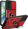 A red and black phone case with a camera cover and ring holder, shown from two angles. Produktbild-Vorschau