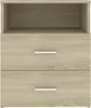 A close-up, frontal view of a light brown wooden bedside table with two drawers and an open shelf. Náhled obrázku produktu