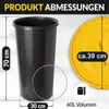 A black trash can with dimensions and a yellow lid shown next to it. Produktbild-Vorschau