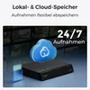 A black security camera recorder is shown with a blue cloud icon and an SD card, against a background of multiple screens displaying various scenes. Produktbild-Vorschau