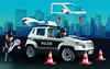 A Playmobil police car with two figures and traffic cones, set against a city skyline. Produktbild-Vorschau