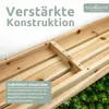 Close-up view of the underside of a wooden garden bench, showing its reinforced construction and some greenery in the background. Produktbild-Vorschau