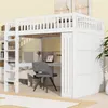 A white loft bed with a desk, chair, and shelves underneath, set in a child's bedroom. Produktbild-Vorschau