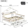 A diagram showing the dimensions of a white wooden bed frame with a roof design and two drawers. Náhled obrázku produktu