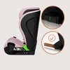 Side view of a pink and black child car seat with close-up insets showing installation features. Náhled obrázku produktu