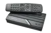 A black satellite receiver and its remote control are placed on a white background. Produktbild-Vorschau