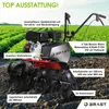 A red and black garden tiller is shown in a field with green crops in the background. Produktbild-Vorschau