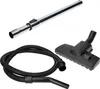 A set of vacuum cleaner accessories, including a chrome extension wand, a black flexible hose, and a black floor nozzle. Produktbild-Vorschau