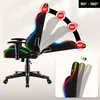A gaming chair is shown with diagrams illustrating its reclining angles and a close-up of its armrest. Anteprima dell’immagine prodotto