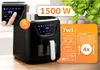 A black air fryer is shown on a wooden countertop, with marketing graphics overlaid. Náhled obrázku produktu