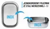 Two views of a stainless steel lunch container, with arrows indicating a transition from a top view to a side view. Text labels the product. Produktbild-Vorschau