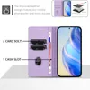 A lavender-colored phone case with card slots and a cash slot, shown open with a phone inside. Text describes the case's features and benefits. Produktbild-Vorschau