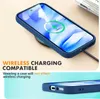 A blue phone case is shown on a wireless charger, with text highlighting its compatibility. A second image shows a close-up of the case's ports. Anteprima dell’immagine prodotto