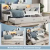 A collage of images showcasing a white wooden daybed with a pull-out trundle bed and storage drawers. The bed is shown in different configurations and angles, with some decorative items and lighting. Produktbild-Vorschau