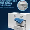A bathroom vanity unit with drawers and a blue towel, with a circular inset showing a sink and vanity. Produktbild-Vorschau