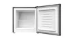 An open, empty mini-refrigerator with its door ajar, shown against a white background. Produktbild-Vorschau