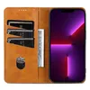 A brown leather wallet-style phone case is open, showing credit card slots and a phone with a purple screen. Produktbild-Vorschau