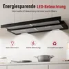 A kitchen range hood with LED lighting and feature icons below. Produktbild-Vorschau
