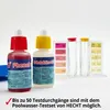 Two bottles of pool water testing chemicals and a test strip holder with color charts are displayed against a white background. Produktbild-Vorschau