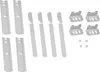 A collection of white plastic refrigerator door mounting parts arranged on a white background. Produktbild-Vorschau