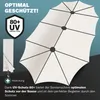A marketing image for a sun umbrella, highlighting its UV protection and features. Produktbild-Vorschau