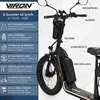 A black electric scooter with various features highlighted by text overlays and icons. Produktbild-Vorschau