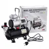 A mini air compressor and its packaging are displayed against a white background. Podgląd zdjęcia produktu