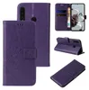 Collage of images showing a purple floral butterfly embossed flip phone case from different angles, including open, closed, and standing modes. Produktbild-Vorschau