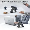 The image shows a phone wallet attached to an iPhone, demonstrating its use as a stand on a table and next to a laptop. Produktbild-Vorschau