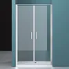 A modern shower enclosure with double doors against a teal wall. Produktbild-Vorschau