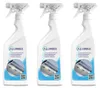 Three identical bottles of cleaning spray are arranged side-by-side against a white background. Each bottle features a label with branding and product information, including an image of a range hood filter. Produktbild-Vorschau